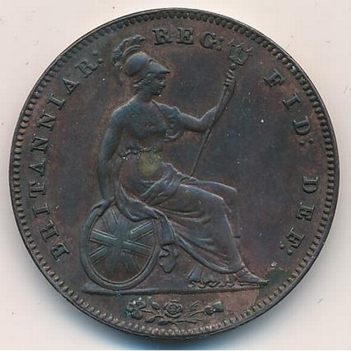 144 - Queen Victoria 1854 penny, plain trident, about extremely fine with some lustre. Die fault marks to ... 