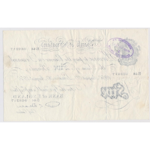 357 - Beale 1950 (August 30) white £5 S44 068217, very fine. Handstamped in purple ink to reverse 