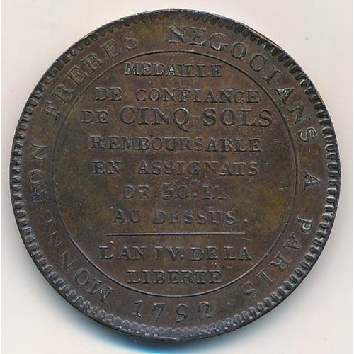 135 - France 1792 5 sols Revolution copper token, obverse shows row of French soldiers facing left, sweari... 