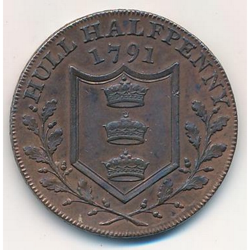 114 - 1791 Hull copper halfpenny token, obv. equestrian statue of King William III, rev. shield of three c... 