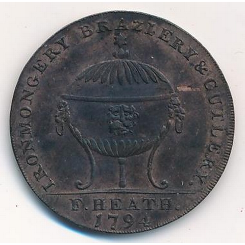 117 - 1794 F. Heath Bath copper halfpenny token, obv. crowned and bearded bust facing left with quiver of ... 