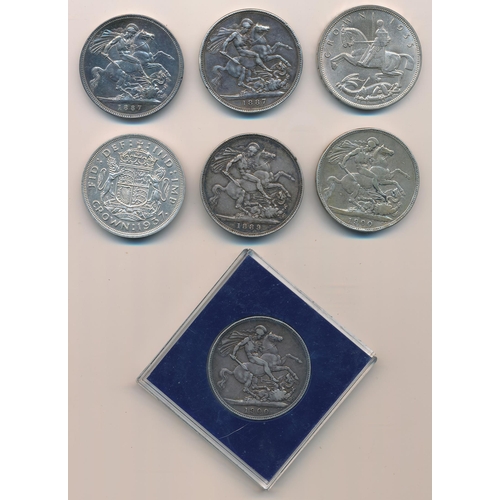 166 - Range of silver crowns (7), with 1887 (2), 1889, 1900 (2) fine, 1935 and 1937 extremely fine. Qty 7