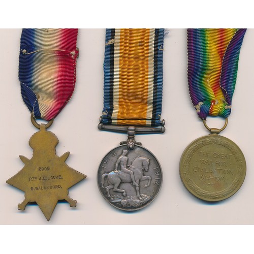 6 - First World War 1914 Star trio to 8805 Pte (Private) James Edward Locke, with copied MIC. South Wale... 