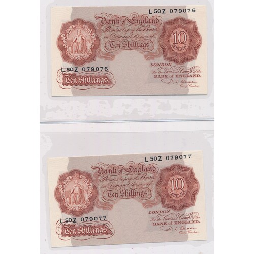 358 - Beale 1950 10 shillings consecutive pair of notes, L50Z 079076 and L50Z 079077, about uncirculated (... 