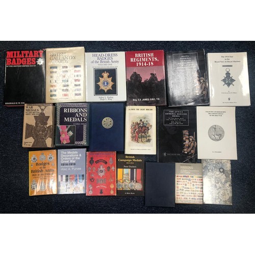 53 - A collection of books on militaria, including on badges, medals and regiments. Includes:
Ribbons and... 