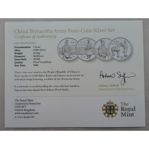 306 - China - 1984 Terracotta Army 5 yuan four coin silver proof FDC set, in Royal Mint case of issue with... 