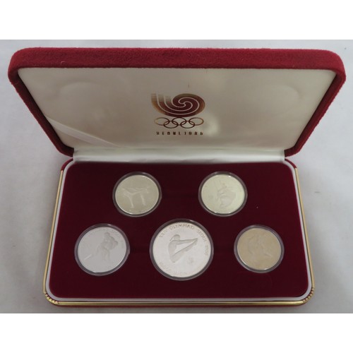 328 - Korea - 1987 set of five commemorative Korean uncirculated Silver proof coins for the 1988 Seoul Oly... 