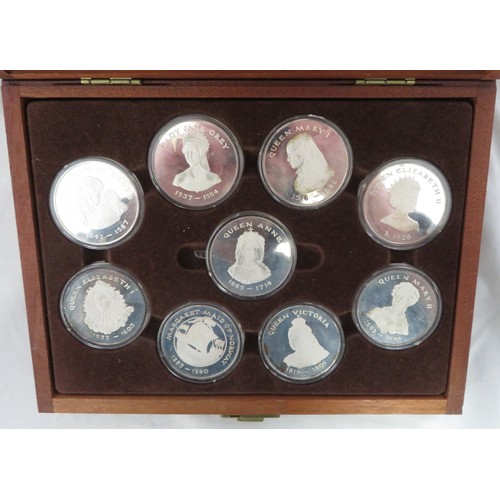 107 - Queens of the British Isles set of nine silver proof 45mm medals, each weighing approx. 45g, issued ... 