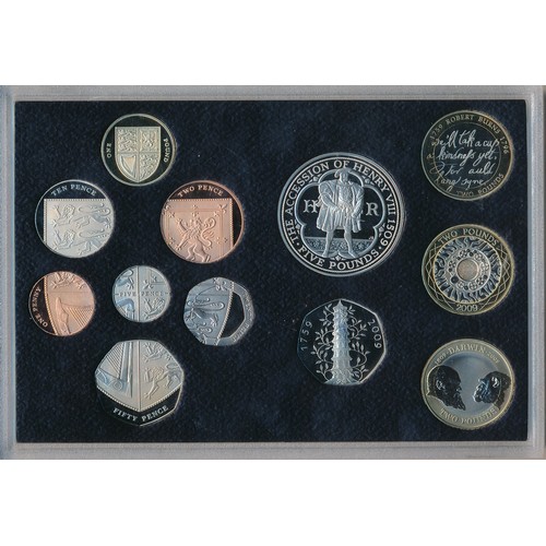 227 - 2009 UK Deluxe proof coin set FDC, including Kew Gardens 50p, black leather edition, issued by The R... 