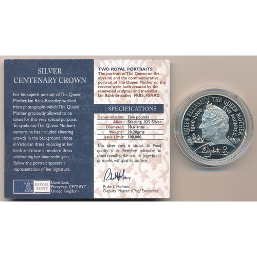 276 - Collection of boxed silver proofs FDC, with £5 2000 Queen Mother (2, one is missing outer card box),... 