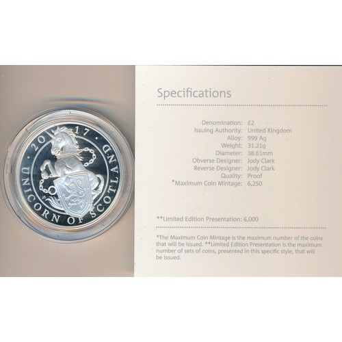 253 - 2017 The Queen's Beasts, The Unicorn of Scotland £2 silver proof FDC, issued by The Royal Mint. In b... 