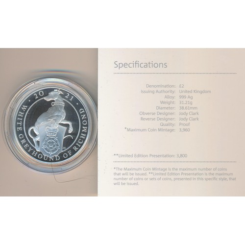 267 - 2021 The Queen's Beasts, White Greyhound of Richmond £2 silver proof FDC, issued by The Royal Mint. ... 