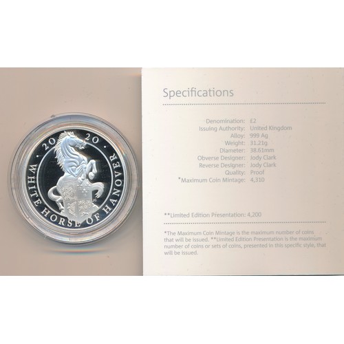 266 - 2020 The Queen's Beasts, White Horse of Hanover £2 silver proof FDC, issued by The Royal Mint. In bo... 