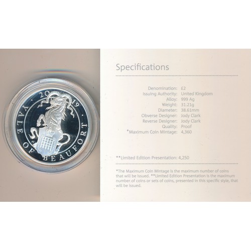 261 - 2019 The Queen's Beasts, The Yale of Beaufort £2 silver proof FDC, issued by The Royal Mint. In box ... 