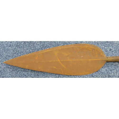 52 - Range of interesting native spears, largest head 42cm long and 13cm wide, 235cm overall length. Head... 