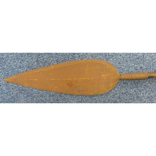 52 - Range of interesting native spears, largest head 42cm long and 13cm wide, 235cm overall length. Head... 