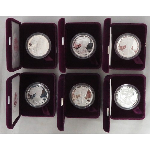 334 - USA - Silver Eagle proof dollars FDC with 1988, 1989, 1990, 1991,  1992 and 1993, all in boxes of is... 