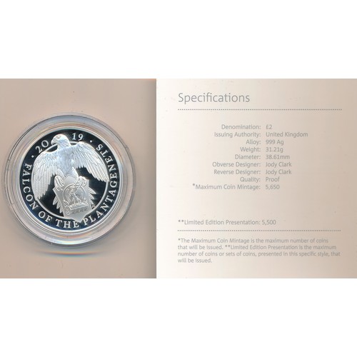 260 - 2019 Queen's Beasts, The Falcon of the Plantagenets £2 silver proof FDC, issued by The Royal Mint. I... 