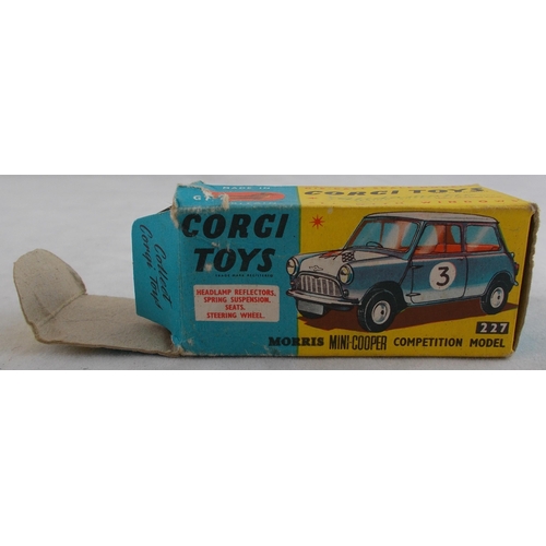 224 - Corgi. Morris Mini Cooper Competition No.227, excellent in fair box, blue, white roof and bonnet, re... 