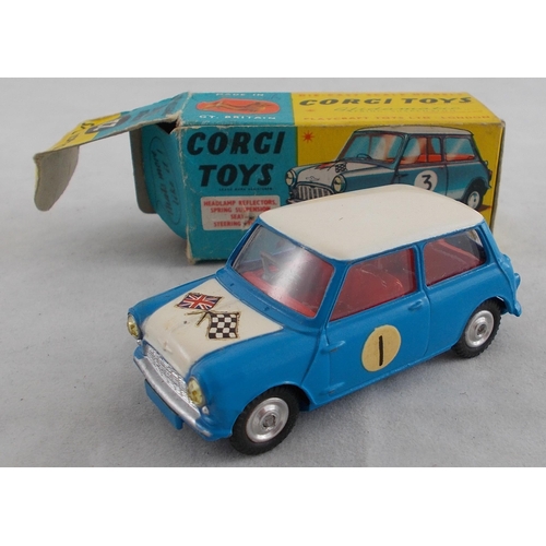 224 - Corgi. Morris Mini Cooper Competition No.227, excellent in fair box, blue, white roof and bonnet, re... 