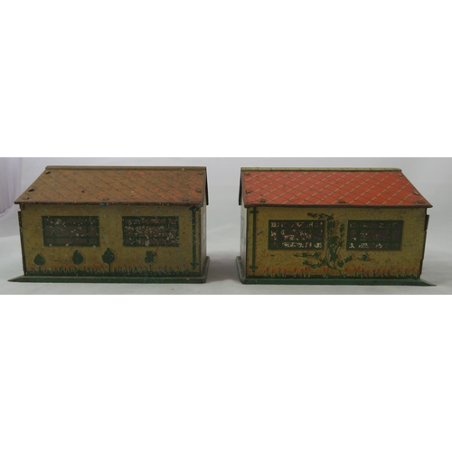 133 - Dinky (Meccano). Pair of tinplate Garages, generally good plus to good (one badly corroded), cream, ... 