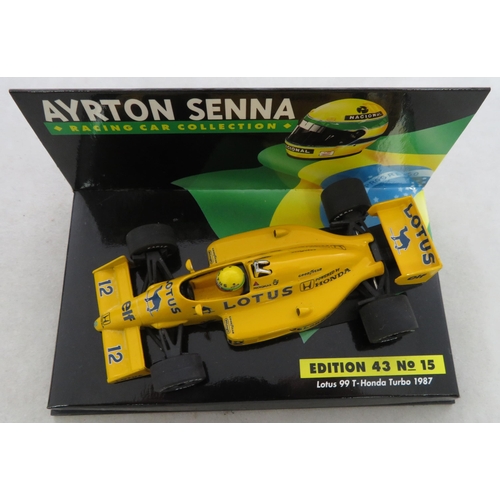 354 - Minichamps. 1/43rd scale Ayrton Senna Racing Car Collection, generally excellent in excellent plasti... 