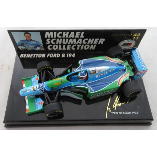 352 - Minichamps. 1/43rd scale Michael Schumacher Collection, generally excellent in excellent plastic dis... 