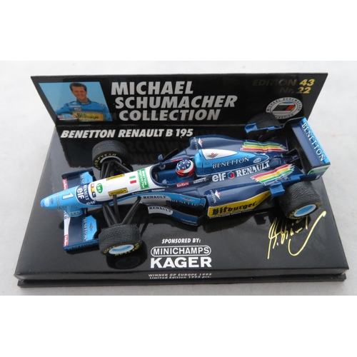 352 - Minichamps. 1/43rd scale Michael Schumacher Collection, generally excellent in excellent plastic dis... 