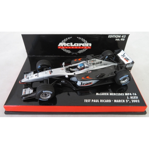 358 - Minichamps. 1/43rd scale McLaren Collection, generally excellent in excellent plastic display cases,... 