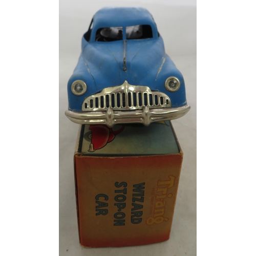 112 - Triang Minic. Pair of Wizard Stop-on Cars clockwork (one with key), generally good (some corrosion a... 