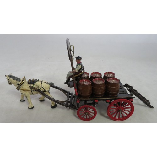 185 - Taylor & Barrett Brewer's Dray set, comprising a brown articulated cart with red wheels (front wheel... 