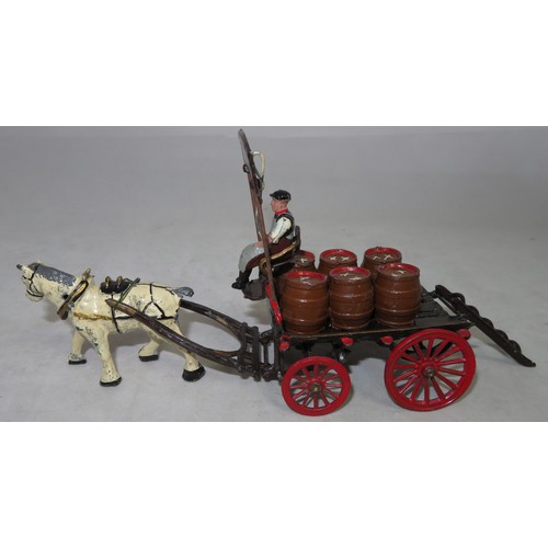 185 - Taylor & Barrett Brewer's Dray set, comprising a brown articulated cart with red wheels (front wheel... 