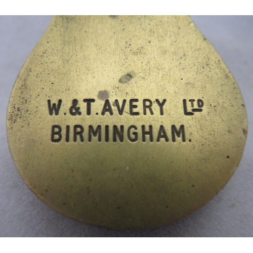 204 - A set of brass scales by W & T Avery Ltd of Birmingham, the scales approx 60cm high.
Also, a wooden ... 