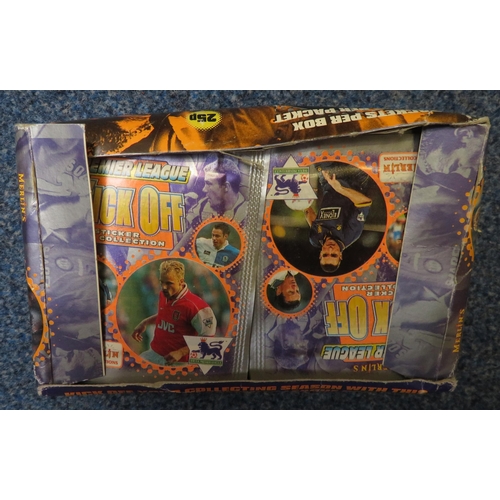 99 - 1997 ‘Merlins Premier League Kick Off Sticker Collection’, opened box with 78x sealed packets of foo... 