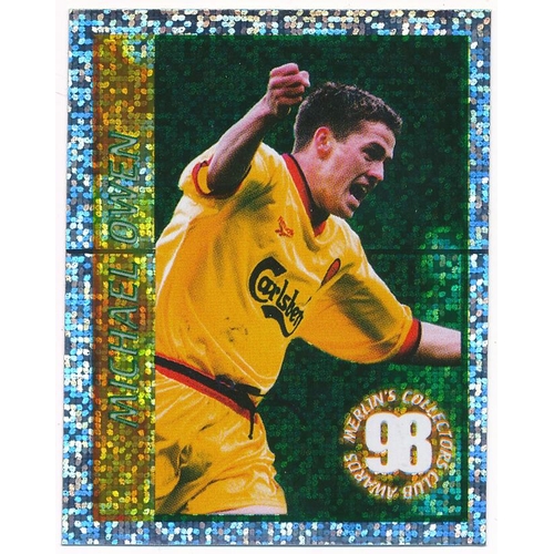 103 - Michael Owen – trio of rare Michael Owen rookie foil ‘Merlin Premier League Kick Off Sticker Collect... 