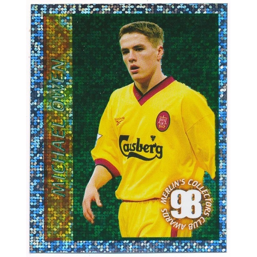 103 - Michael Owen – trio of rare Michael Owen rookie foil ‘Merlin Premier League Kick Off Sticker Collect... 