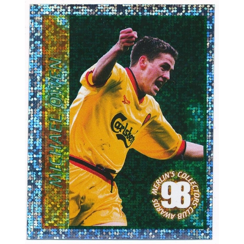 104 - Michael Owen – trio of scarce Michael Owen rookie foil ‘Merlin Premier League Kick Off Sticker Colle... 