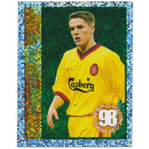 104 - Michael Owen – trio of scarce Michael Owen rookie foil ‘Merlin Premier League Kick Off Sticker Colle... 