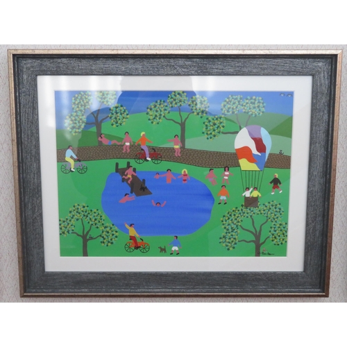 325 - Gordon Barker, ‘Relaxing at the Pond’, acrylic on paper, signed and framed.