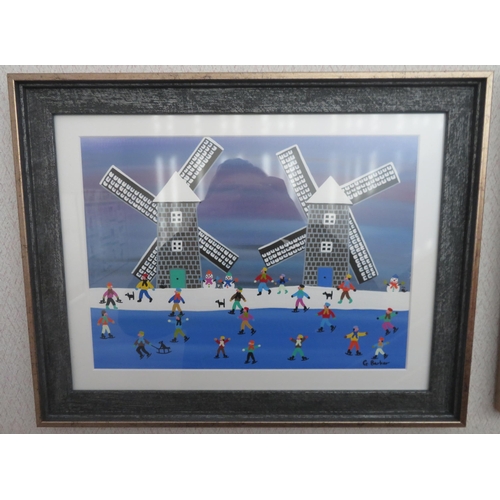 326 - Gordon Barker, ‘Skating by The Windmills’, acrylic on paper, signed and framed.