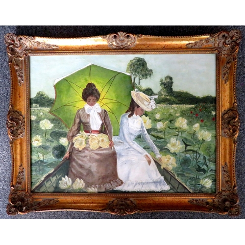 322 - Toni Maclean, (1980) oil painting of two ladies in a rowing boat, signed. Ornate frame. Impressionis... 