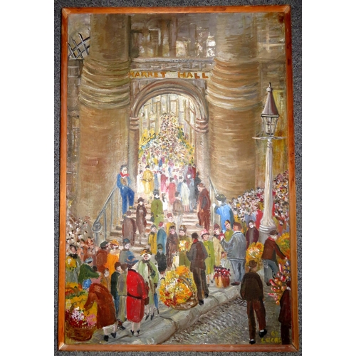 320 - Monica E Lucas – ‘The Old Birmingham Market Hall’ (1967), oil painting, wooden frame.