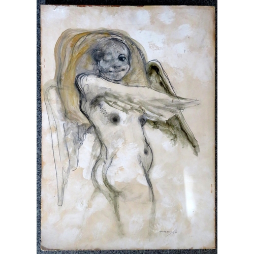 328 - Guido Buzelli (1967) – pencil & watercolour drawing of woman on board, quite damaged with water stai... 