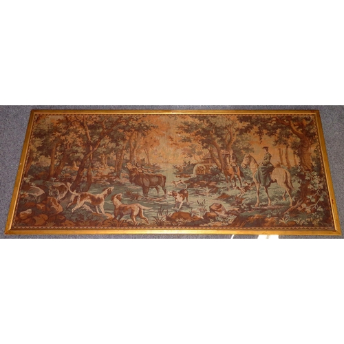 340 - Large continental (Flemish style) woven tapestry of hunting scene, with wooden frame. 78.5cm x 187.5... 