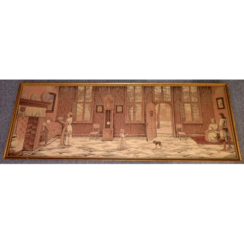 341 - Large continental style woven tapestry of interior scene, with wooden frame.  65cm x 180cm.