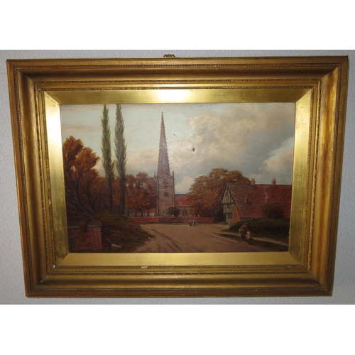 321 - Church scene oil on canvas painting, in ornate frame. Signed (possibly Gilbert), thinning to paintin... 