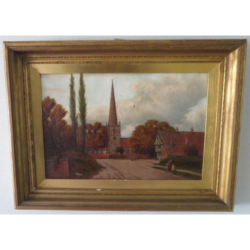 321 - Church scene oil on canvas painting, in ornate frame. Signed (possibly Gilbert), thinning to paintin... 