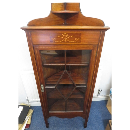 351 - Wooden corner display cabinet with glazed doors.
Dimensions approx 63cm x 37cm x 154cm