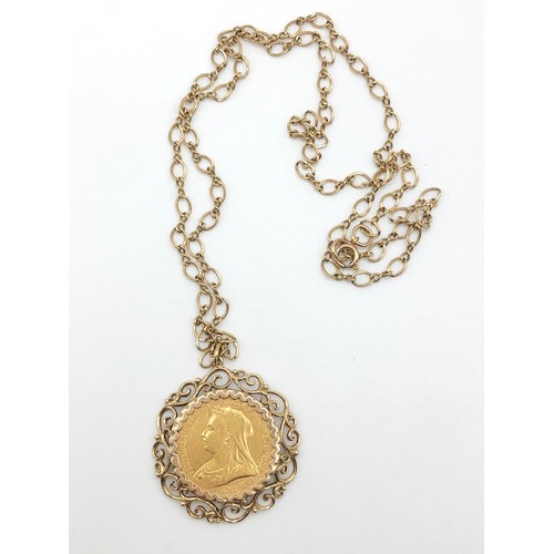 177 - A 1895M sovereign (fine) mounted in a gold coloured metal and suspended from a hallmarked 9ct gold c... 