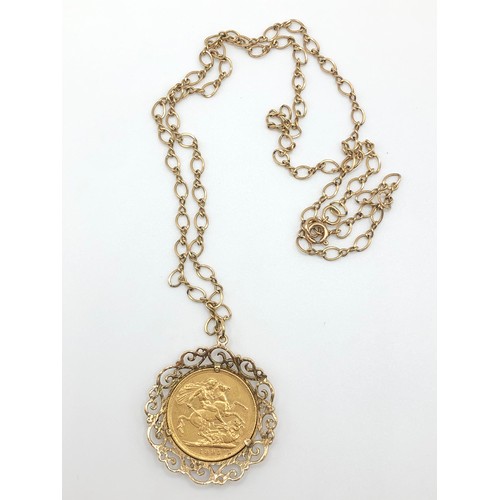 177 - A 1895M sovereign (fine) mounted in a gold coloured metal and suspended from a hallmarked 9ct gold c... 